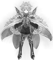 Rule 34 | 1girl, armor, armored boots, boots, cape, closed mouth, crown, fire emblem, fire emblem heroes, full body, greyscale, hair ornament, insarability, long hair, monochrome, shoulder armor, simple background, solo, standing, twitter username, veronica (fire emblem)