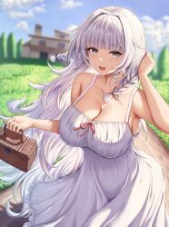 Rule 34 | 1girl, :d, azur lane, bare arms, basket, blunt bangs, blurry, blush, braid, breasts, buran (22x), cleavage, collarbone, commentary request, commission, day, depth of field, dress, grey eyes, hand up, highres, holding, holding basket, large breasts, long hair, looking at viewer, open mouth, outdoors, skeb commission, smile, solo, sundress, twin braids, vittorio veneto (azur lane), white dress, white hair
