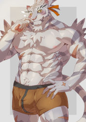 Rule 34 | 1boy, abs, absurdres, animal ears, bara, blush, boxers, bulge, colored sclera, cowboy shot, finger to cheek, furry, furry male, grey fur, highres, large pectorals, looking at viewer, lvluri (murimurri670), male focus, male underwear, muscular, muscular male, navel, nimbus (world flipper), nipples, orange male underwear, pectorals, snout, solo, stomach, tail, thick thighs, thighs, tiger boy, tiger ears, tiger tail, topless male, two-tone fur, underwear, underwear only, white fur, world flipper, yellow sclera