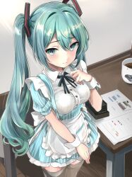 Rule 34 | 1girl, absurdres, airport96, alice gear aegis, apron, black ribbon, black thighhighs, blush, closed mouth, commentary request, cup, dress, frilled apron, frilled dress, frilled sleeves, frills, green dress, green eyes, green hair, hair ornament, hatsune miku, highres, maid, menu, ribbon, solo, thighhighs, twintails, vocaloid, wrist cuffs