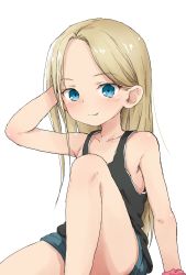 Rule 34 | 1girl, arm support, arm up, bare arms, bare shoulders, black tank top, blonde hair, blue eyes, blue shorts, blush, borrowed character, closed mouth, collarbone, commentary request, fang, fang out, female focus, forehead, highres, long hair, looking at viewer, original, parted bangs, pink scrunchie, scrunchie, short shorts, shorts, simple background, sitting, smile, solo, tank top, very long hair, white background, wrist scrunchie, yakihebi