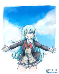 Rule 34 | 1girl, absurdres, aoba (akibajun), aqua eyes, aqua hair, black jacket, black skirt, blazer, blue sky, bow, bowtie, cardigan, cloud, cowboy shot, dated, frilled skirt, frills, grin, highres, jacket, kantai collection, looking at viewer, outstretched arms, pleated skirt, red bow, red bowtie, school swimsuit, skirt, sky, smile, solo, suzuya (kancolle), swimsuit, twitter username