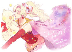 Rule 34 | 1girl, bare shoulders, blonde hair, cape, closed eyes, dated, detached sleeves, dress, earrings, final fantasy, final fantasy vi, hair ribbon, jewelry, long hair, moogle, outstretched arms, parted bangs, parted lips, pink cape, pink ribbon, ponytail, posca, red dress, ribbon, smile, strapless, strapless dress, tina branford, tube dress, upper body, waist sash, wavy hair, white background
