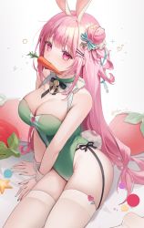 Rule 34 | animal ears, bare shoulders, bell, blunt bangs, breasts, carrot, choker, cleavage, cowboy shot, food, fruit, garter straps, hair bun, hair ornament, hairclip, heart pendant, highres, large breasts, leotard, long hair, looking at viewer, mouth hold, nail polish, naru 0, neck bell, original, panty straps, pink eyes, pink hair, playboy bunny, rabbit ears, rabbit tail, single hair bun, single side bun, sitting, strawberry, tail, thighhighs, thighs, twitter username, v arms, very long hair, white thighhighs, wrist cuffs