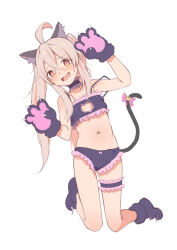 Rule 34 | 1girl, :d, @ @, absurdres, ahoge, animal ear fluff, animal ears, animal hands, bare arms, bare shoulders, baseatoz, bell, black bra, black panties, blush, bow, bra, bridal garter, brown eyes, cat cutout, cat ears, cat tail, cleavage cutout, clothing cutout, collarbone, commentary, eyes visible through hair, flat chest, frilled bra, frilled panties, frills, full body, gloves, hair between eyes, hands up, highres, jingle bell, kneeling, leaning to the side, long hair, looking at viewer, navel, onii-chan wa oshimai!, open mouth, oyama mahiro, panties, paw gloves, paw shoes, pink bow, pink hair, simple background, smile, solo, spaghetti strap, stomach, strap slip, tail, tail bow, tail ornament, tearing up, twintails, underwear, underwear only, wavy mouth, white background