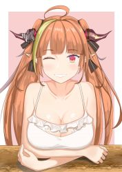 Rule 34 | 1girl, ahoge, bare shoulders, blonde hair, blunt bangs, breasts, camisole, cleavage, collarbone, crossed arms, dragon girl, dragon horns, elbows on table, frilled camisole, frills, grin, hair ribbon, hololive, horns, kiryu coco, large breasts, long hair, looking at viewer, multicolored hair, one eye closed, orange hair, purple eyes, red eyes, ribbon, shigusa (capricious324), smile, solo, spaghetti strap, streaked hair, twintails, upper body, virtual youtuber, white camisole