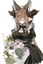 Rule 34 | 1girl, animal, animal ears, apron, black bow, black bowtie, black dress, bow, bowtie, breasts, brown hair, cat, closed eyes, dress, earrings, ewiyar (granblue fantasy), galleon (granblue fantasy), granblue fantasy, holding, holding animal, horns, iwashi (morpho000), jewelry, juliet sleeves, large breasts, long hair, long sleeves, multicolored hair, pointy ears, puffy sleeves, sidelocks, smile, streaked hair, upper body, waist apron, white background
