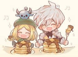 Rule 34 | 1boy, 1girl, animal, animal on head, babe (fate), beret, bird, blonde hair, dove, drooling, fate/grand order, fate (series), food, fork, gaito-san, hat, highres, horns, knife, musical note, on head, pancake, pancake stack, paul bunyan (fate), percival (fate), sparkle, syrup, white hair