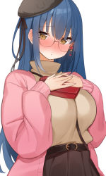 Rule 34 | 1girl, absurdres, alternate hairstyle, belt, beret, between breasts, black belt, black hat, black ribbon, blue hair, blush, box, breasts, brown eyes, brown skirt, brown sweater, cardigan, choco tanuki, ear blush, earrings, gift, glasses, hair between eyes, hair ribbon, hands on own chest, hat, heart, heart-shaped box, heart earrings, highres, holding, holding gift, jewelry, large breasts, long hair, looking at viewer, nijisanji, nose blush, official alternate costume, parted lips, pink cardigan, pleated skirt, ribbon, simple background, skirt, solo, strap between breasts, sweat, sweater, valentine, very long hair, virtual youtuber, white background, yamagami karuta