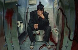 Rule 34 | 1boy, absurdres, bathroom, black hair, black jacket, black necktie, black pants, blood, blood on clothes, blood on face, blood on wall, bottle, chainsaw man, cigarette, collared shirt, formal, hayakawa aki, highres, holding, holding cigarette, jacket, jinjilion, katana, looking at viewer, necktie, pants, pool of blood, shirt, shirt tucked in, short hair, sitting, smoke, smoking, solo, suit, suit jacket, sword, toilet paper, toilet stall, topknot, weapon, white shirt, wine bottle