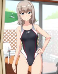 Rule 34 | 1girl, absurdres, black one-piece swimsuit, blurry, chair, competition swimsuit, contrapposto, depth of field, fence, girls und panzer, gluteal fold, green eyes, hand on own hip, highleg, highleg swimsuit, highres, itsumi erika, looking at viewer, medium hair, one-piece swimsuit, reflection, short hair, silver hair, sliding doors, solo, standing, swimsuit, takafumi