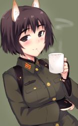Rule 34 | 1girl, animal ears, blush, breast hold, breasts, brown eyes, brown hair, cup, em (totsuzen no hakike), green background, katou takeko, long sleeves, military, military uniform, mug, short hair, simple background, smile, solo, strike witches, strike witches zero, suggestive fluid, uniform, upper body, world witches series