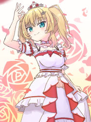 Rule 34 | 1girl, akai haato, akai haato (6th costume), aqua eyes, blonde hair, colored tips, commentary, detached collar, dress, floral background, frilled dress, frills, hair ornament, hand up, highres, hololive, looking at viewer, multicolored hair, official alternate costume, petals, pink hair, princess outfit, rose background, sakinaaaaa, short twintails, skirt hold, smile, solo, tiara, twintails, two-tone hair, virtual youtuber, white dress