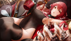 Rule 34 | 1girl, :o, absurdres, armpits, ascot, black leotard, black thighhighs, blurry, breasts, cleavage, covered navel, depth of field, figure, groin, hat, unworn hat, unworn headwear, heterochromia, highres, hololive, houshou marine, jacket, unworn jacket, knees up, large breasts, leotard, lying, on back, open mouth, pirate hat, pirate ship, red eyes, red hair, scroll, sideboob, solo, thighhighs, thighs, twintails, virtual youtuber, wanne, yellow eyes