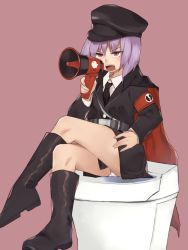 Rule 34 | 1girl, armband, black coat, black footwear, black necktie, black skirt, boots, broken heart print, coat, collared shirt, commentary request, cookie (touhou), crossed legs, full body, geru futota, hat, highres, holding, holding megaphone, looking afar, megaphone, military, military hat, military uniform, miniskirt, necktie, open mouth, panties, pantyshot, pink background, purple eyes, purple hair, remilia scarlet, rizeass, shirt, short hair, simple background, sitting, skirt, solo, the chicken that appears in the middle of cookie, toilet, touhou, underwear, uniform, v-shaped eyebrows, white panties, white shirt