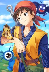 Rule 34 | abiko yuuji, animal on arm, bag, bandana, belt, blue sky, blue tunic, brown hair, character request, cheese, day, dracky, dragon quest, dragon quest viii, food, handbag, hero (dq8), highres, male focus, mountain, mouse (animal), outdoors, road, sky, smile, standing, sword, weapon
