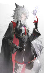 1girl absurdres aiguillette animal_ears arknights artist_name asymmetrical_gloves black_cape black_gloves black_jacket black_skirt breasts brooch buttons cape chinese_commentary commentary_request cowboy_shot cropped_jacket double-breasted from_side gloves gradient_necktie grey_background grey_eyes grey_hair grey_tail hair_between_eyes half-closed_eyes hand_up high-waist_skirt high_collar highres index_finger_raised jacket jewelry lappland_(arknights) lappland_the_decadenza_(arknights) layered_skirt layered_sleeves legs_apart long_hair long_sleeves looking_at_viewer looking_to_the_side material_growth messy_hair mismatched_gloves multicolored_cape multicolored_necktie necktie official_alternate_costume open_clothes open_jacket oripathy_lesion_(arknights) pale_skin parted_lips profile purple_necktie red_cape red_gloves red_necktie ribbed_shirt shirt shirt_tucked_in sideways_glance skirt small_breasts smile solo standing tail thigh_strap two-sided_cape two-sided_fabric two-tone_cape two-tone_necktie watermark weibo_watermark white_shirt wide_sleeves wolf_ears wolf_girl wolf_tail wu_tang_qishui_zhuanying_dian