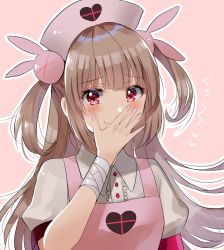 Rule 34 | &gt; &lt;, 1girl, apron, blush, center frills, closed mouth, commentary request, fang, fang out, fingernails, frills, hair ornament, hand to own mouth, hand up, hat, heart, light brown hair, long hair, looking at viewer, myusha, nail polish, natori sana, nurse cap, pink apron, pink hat, pink nails, puffy short sleeves, puffy sleeves, rabbit hair ornament, red eyes, sana channel, shirt, short sleeves, smile, solo, translation request, two side up, very long hair, virtual youtuber, white shirt