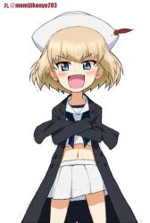 Rule 34 | 1girl, :d, artist name, black coat, blonde hair, blouse, blue eyes, blue neckerchief, coat, commentary, cosplay, cowboy shot, crossed arms, dixie cup hat, fang, girls und panzer, hat, hat feather, katyusha (girls und panzer), kayabakoro, long sleeves, looking at viewer, midriff, military hat, miniskirt, navel, neckerchief, ogin (girls und panzer), ogin (girls und panzer) (cosplay), one-hour drawing challenge, ooarai naval school uniform, open clothes, open coat, open mouth, oversized clothes, pleated skirt, sailor, sailor collar, school uniform, shirt, short hair, simple background, skirt, sleeves past fingers, sleeves past wrists, smile, smirk, smug, solo, twitter username, v-shaped eyebrows, white background, white hat, white shirt, white skirt