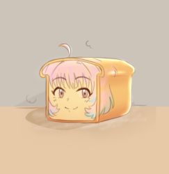 Rule 34 | 1girl, ahoge, blush, bread, brown background, face, food, foodification, hair intakes, i don&#039;t want to be bread (meme), idolmaster, idolmaster cinderella girls, looking away, looking to the side, meme, multicolored hair, objectification, pink eyes, pink hair, psycho orb, short hair, simple background, smile, solo, two-tone hair, what, yumemi riamu