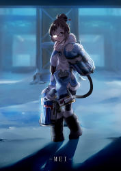 Rule 34 | 1girl, absurdres, arms at sides, beads, belt, belt pouch, black-framed eyewear, blizzard (company), blue gloves, blue legwear, boots, brown eyes, brown footwear, brown hair, canister, character name, coat, commentary, energy gun, finger on trigger, from behind, full body, fur-trimmed boots, fur-trimmed jacket, fur boots, fur coat, fur trim, glasses, gloves, gun, hair bun, hair ornament, hair stick, highres, holding, holding gun, holding weapon, hose, jacket, knee boots, legs together, lips, looking at viewer, looking back, mei (overwatch), night, outdoors, overwatch, overwatch 1, parka, parted lips, pink lips, pouch, ray gun, shoes, short hair, sidelocks, single hair bun, smile, snow, snow boots, snowflake hair ornament, solo, spiked shoes, spikes, standing, swept bangs, tadatsu, utility belt, weapon, winter clothes, winter coat