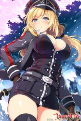 Rule 34 | 1girl, arm behind back, belt, black hairband, blonde hair, blue dress, blue eyes, blue sky, blush, breasts, brown gloves, cherry blossoms, cleavage, closed mouth, commentary, copyright name, dress, dual wielding, earrings, from below, frown, gloves, hairband, hat, highres, hisen kaede, holding, jacket, jewelry, large breasts, long hair, looking at viewer, low-tied long hair, military, military hat, military uniform, open clothes, open jacket, sky, solo, thighhighs, underboob, uniform, venus blade, weapon
