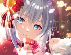 Rule 34 | 1girl, amistr (ragnarok online), black bow, blue eyes, blurry, blush, bokeh, bow, cape, closed mouth, commentary request, creator (ragnarok online), depth of field, gift, grey hair, hair between eyes, hair bow, hanakaoka okaka, happy valentine, heart, holding, holding gift, long hair, looking at viewer, medium bangs, pink bow, portrait, ragnarok online, red cape, sheep, smile, striped, striped bow