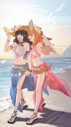 Rule 34 | 2girls, absurdres, alternate costume, arm up, armlet, bare shoulders, beach, bead bracelet, beads, bikini, bikini top only, bird, black hair, blue bikini, blue eyes, blue sarong, bracelet, breasts, chinese commentary, cleavage, collar, commentary request, day, eye contact, final fantasy, final fantasy xiv, flower, front-tie bikini top, front-tie top, full body, gaia (ff14), hand on headwear, hat, hat flower, highres, holding hands, hyur, jewelry, large breasts, looking at another, medium breasts, midriff, multiple girls, navel, open mouth, orange hair, outdoors, pink bikini, pink sarong, qianyewuli, red lips, ryne waters, sandals, sarong, shadow, sidelocks, sky, smile, straw hat, swimsuit, walking, water, yuri