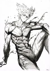 Rule 34 | 1boy, absurdres, arm support, bodysuit, closed mouth, commentary, garou (one-punch man), greyscale, hair slicked back, head tilt, highres, looking at viewer, male focus, manly, monochrome, murata yuusuke, official art, one-punch man, page number, pectorals, scar, scar across eye, scar on face, simple background, sitting, skin tight, solo, torn bodysuit, torn clothes, unfinished, white background