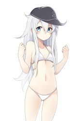 Rule 34 | 10s, 1girl, anchor symbol, bare shoulders, bikini, blue eyes, blush, clenched hands, flat chest, hat, hibiki (kancolle), highres, kantai collection, long hair, looking at viewer, navel, solo, suruga (xsurugax), swimsuit, thighs, white background, white bikini, white hair