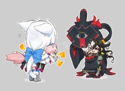 Rule 34 | akanbe, animal ears, bell, black eyes, black hair, blue bow, bow, carrying, carrying under arm, chibi, dobrynya nikitich (fate), eyelid pull, fate/grand order, fate (series), fox tail, from behind, grey background, hair bell, hair ornament, koyanskaya (assassin) (first ascension) (fate), koyanskaya (foreigner) (first ascension) (fate), long hair, armored boots, middle finger, multicolored hair, pink hair, red pupils, sword, tail, tongue, tongue out, two-tone hair, uirou (yomogi aji), weapon, white hair
