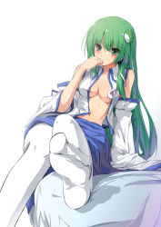 Rule 34 | 1girl, absurdres, bad id, bad pixiv id, blush, breasts, cleavage, covered erect nipples, detached sleeves, feet, female focus, foot focus, foreshortening, frog, green eyes, green hair, hair ornament, highres, kochiya sanae, leg lift, legs, light smile, long hair, matching hair/eyes, navel, no bra, open clothes, open shirt, pantyhose, sam (new bee), shirt, snake, solo, touhou, white pantyhose