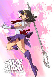 Rule 34 | 1990s (style), 1girl, ass, bishoujo senshi sailor moon, black hair, bokuman, boots, bow, character name, choker, glaive (polearm), gloves, high heels, holding, holding spear, holding weapon, jewelry, knee boots, magical girl, polearm, purple eyes, purple footwear, purple skirt, red bow, sailor saturn, shoes, short hair, silence glaive, skirt, solo, spear, staff, tiara, tomoe hotaru, weapon, white gloves