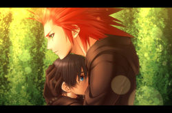Rule 34 | 1boy, 1girl, axel (kingdom hearts), banana gyuunyuu, black coat, black coat (kingdom hearts), black gloves, black hair, blue eyes, coat, commentary request, crying, crying with eyes open, facial mark, gloves, green eyes, height difference, hetero, hood, hoodie, hug, kingdom hearts, kingdom hearts 358/2 days, lens flare, letterboxed, parted lips, red hair, short hair, spiked hair, tears, xion (kingdom hearts)