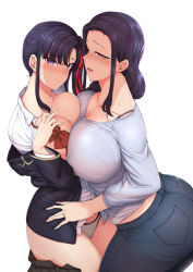Rule 34 | 2girls, aiue oka, ass, asymmetrical docking, blouse, blush, breast press, breasts, cleavage, half-closed eyes, hand on own hip, highres, hypnosis, jewelry, large breasts, long hair, long sleeves, mature female, mind control, miyajima sakura, miyajima tsubaki, mother and daughter, multiple girls, open clothes, open shirt, oyakodon (sex), panties, pants, purple eyes, purple hair, raised eyebrows, ring, saimin seishidou, shirt, simple background, skirt, symmetrical docking, topknot, underwear, white background, white shirt