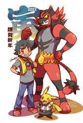 Rule 34 | 2022, 3boys, ash ketchum, black hair, blouse, chappy (kanata218), child, chinese zodiac, clothed pokemon, commentary request, creatures (company), game freak, gen 1 pokemon, gen 7 pokemon, grey shirt, hand on own hip, highres, incineroar, looking at viewer, male focus, microphone, multiple boys, nintendo, open mouth, pants, pikachu, pokemon, pokemon (anime), pokemon (creature), pokemon sm (anime), print shirt, shirt, striped clothes, striped shirt, teeth, towel, vertical-striped clothes, vertical-striped shirt, year of the tiger