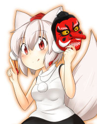 Rule 34 | 1girl, animal ears, blush, breasts, detached sleeves, elu butyo, hat, inubashiri momiji, looking at viewer, mask, pom pom (clothes), red eyes, short hair, silver hair, simple background, skirt, smile, solo, tail, tengu mask, tokin hat, tongue, tongue out, touhou, white background, wolf ears, wolf tail