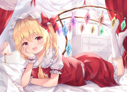 Rule 34 | 1girl, absurdres, ascot, bad id, bad pixiv id, blonde hair, blush, collarbone, commentary request, crystal, curtains, flandre scarlet, hair between eyes, hair ribbon, hand on own face, hat, highres, kofumi (nxme5555), lamp, looking at viewer, lying, medium hair, mob cap, on bed, on stomach, open mouth, puffy short sleeves, puffy sleeves, red eyes, red skirt, red vest, ribbon, shirt, short sleeves, side ponytail, skirt, socks, solo, touhou, vest, white hat, white shirt, wings, wristband, yellow ascot, yellow neckwear