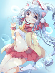 Rule 34 | 1girl, ahoge, air bubble, animal ears, beret, blue hair, blush, breasts, brown cardigan, brown eyes, bubble, cardigan, cat ears, cat girl, cat tail, commentary request, hair between eyes, hat, kuriyuzu kuryuu, long hair, long sleeves, looking at viewer, neckerchief, no shoes, open cardigan, open clothes, original, parted lips, pleated skirt, red sailor collar, red skirt, sailor collar, shirt, skirt, sleeves past wrists, socks, solo, tail, twintails, underboob, underwater, very long hair, water, white hat, white shirt, white socks, yellow neckerchief