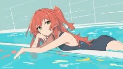 Rule 34 | 1girl, absurdres, bocchi the rock!, breasts, cowboy shot, green eyes, highres, kita ikuyo, long hair, looking at viewer, minusk9, one side up, partially submerged, pool, red hair, school swimsuit, small breasts, solo, swimsuit