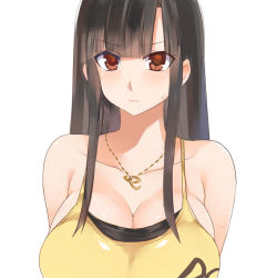 Rule 34 | 1girl, bad id, bad pixiv id, black hair, breasts, brown eyes, cleavage, crimson girls chikan shihai, frown, jewelry, kuroha mitsu, large breasts, long hair, looking at viewer, necklace, sideboob, simple background, solo, white background, yostxxx