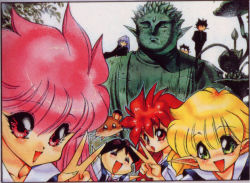 Rule 34 | 1990s (style), 3boys, 4girls, :o, ^ ^, arms up, black hair, blonde hair, blue hair, blush, bow, bowtie, brown hair, buttons, chibi, closed eyes, constricted pupils, dragon half, elf, friends, gakuran, green eyes, hair between eyes, leaf, long hair, long pointy ears, looking at viewer, lufa, lufa (dragon half), lying, male focus, mappy (dragon half), mink (dragon half), mita ryuusuke, mouse (animal), multiple boys, multiple girls, no nose, official art, on side, outstretched arms, pia, pia (dragon half), pink eyes, pink hair, pointy ears, red eyes, red hair, retro artstyle, scan, school uniform, short hair, smile, spiked hair, spread arms, statue, traditional media, uniform, v, veena, veena (dragon half)