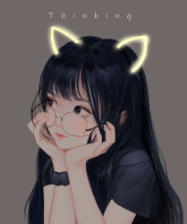 Rule 34 | 1girl, absurdres, animal ears, bbul horn, bespectacled, black eyes, black hair, blush, cat ears, closed mouth, glasses, hand on own cheek, hand on own chin, hand on own face, head rest, highres, long hair, looking away, original, round eyewear, scrunchie, solo