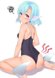 Rule 34 | 1girl, ass, bare legs, bare shoulders, blue hair, blush, breasts, commentary request, elliot leucosia, fins, fish girl, from behind, head fins, highres, looking at viewer, monster girl, on ground, original, purple eyes, school swimsuit, simple background, sitting, small breasts, solo, swimsuit, takunomi, tearing up, white background