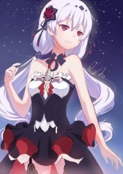 Rule 34 | 1girl, bare shoulders, black dress, closed mouth, cowboy shot, dress, flower, frilled dress, frills, hair flower, hair ornament, honkai (series), honkai impact 3rd, long hair, night, night sky, outdoors, red eyes, red flower, red rose, rose, shirt, sky, smile, solo, star (sky), starry sky, strapless, strapless dress, theresa apocalypse, theresa apocalypse (luna kindred), twintails, very long hair, what (artist), white hair, white shirt