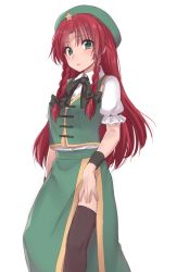 Rule 34 | 1girl, asa (coco), bad id, bad twitter id, beret, black bow, black ribbon, black thighhighs, blush, bow, braid, chinese clothes, closed mouth, cowboy shot, green eyes, hair bow, hat, hong meiling, long hair, looking at viewer, neck ribbon, puffy short sleeves, puffy sleeves, red hair, ribbon, short sleeves, side slit, solo, star (symbol), thighhighs, touhou, twin braids, white background, wristband