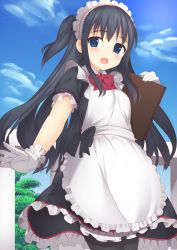 Rule 34 | 1girl, :d, apron, bad id, bad pixiv id, black bow, black dress, black hair, black pantyhose, blue eyes, blue sky, blush, bow, bowtie, cloud, collared dress, commentary request, cowboy shot, day, dress, frilled apron, frilled dress, frilled gloves, frilled sleeves, frills, gloves, highres, holding, long hair, looking at viewer, maid, maid apron, maid headdress, one side up, open mouth, original, outdoors, outstretched arm, pantyhose, railing, red bow, red bowtie, short sleeves, sidelocks, sky, smile, solo, tareme, tree, usagino suzu, white apron, white gloves