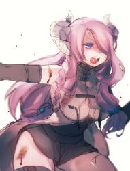 Rule 34 | &gt;:o, 10s, 1girl, :o, blood, blue eyes, braid, breasts, bruise, cleavage, draph, granblue fantasy, hair ornament, hair over one eye, horns, injury, large breasts, long hair, narmaya (granblue fantasy), norasame (dagako), open mouth, pointy ears, purple hair, single braid, solo, teeth, v-shaped eyebrows