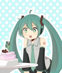 Rule 34 | &gt; &lt;, 1girl, aqua hair, blue background, cake, candle, chibi, dated, detached sleeves, closed eyes, food, green eyes, hatsune miku, heart, highres, long hair, necktie, open mouth, pleated skirt, rexlent, sitting, skirt, solo, symbol-shaped pupils, twintails, very long hair, vocaloid