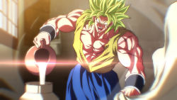 Rule 34 | 1boy, blank eyes, blonde hair, blue skirt, blurry, broly (dragon ball super), chromatic aberration, depth of field, dragon ball, dragon ball super, dragon ball super broly, holding, holding jar, jar, legendary super saiyan, lens flare, male focus, muscular, muscular male, open mouth, pouring, rom (20), scar, scar on arm, scar on chest, skirt, solo, super saiyan, window